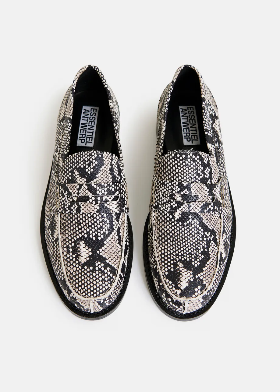 Beige and black snake-effect leather loafers