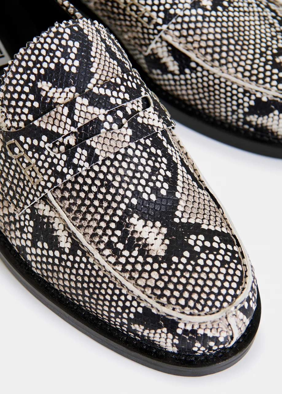 Beige and black snake-effect leather loafers