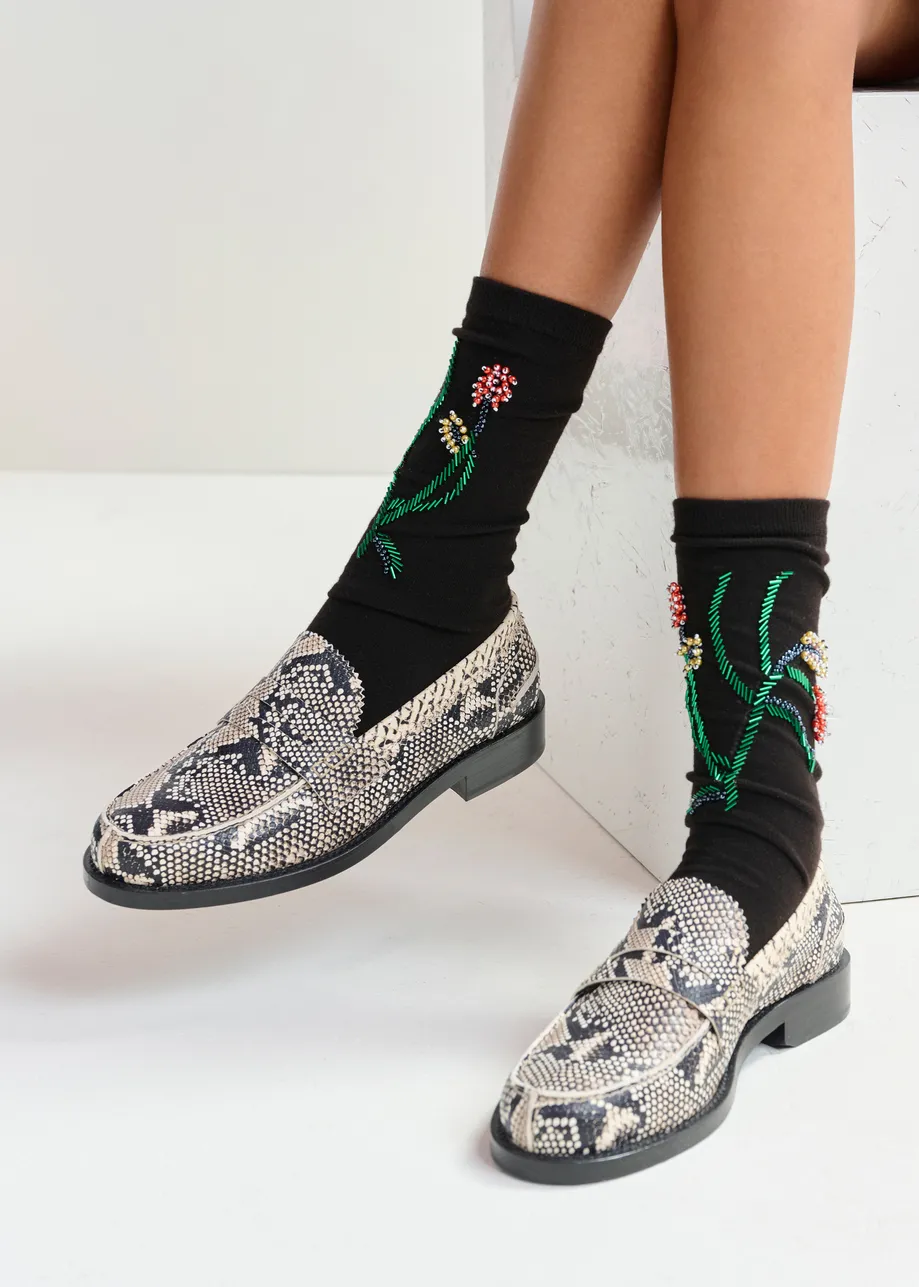 Beige and black snake-effect leather loafers