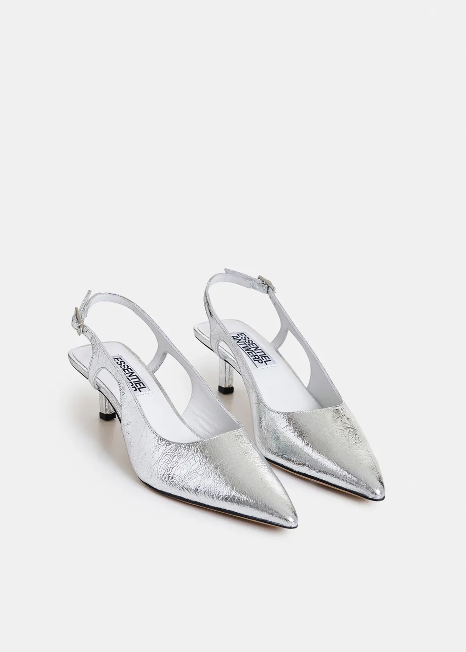 Silver leather metallic slingback pumps
