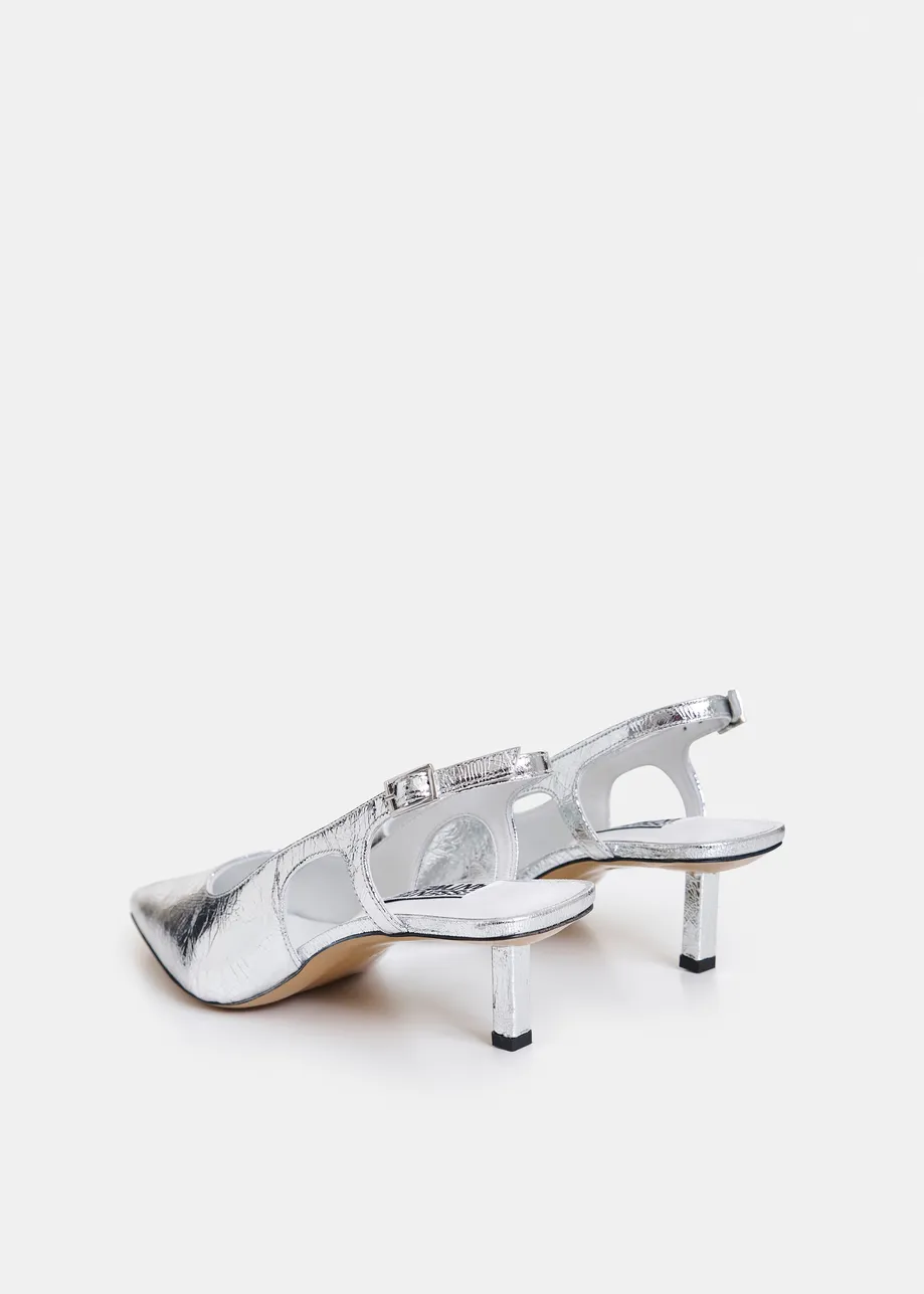Silver leather metallic slingback pumps