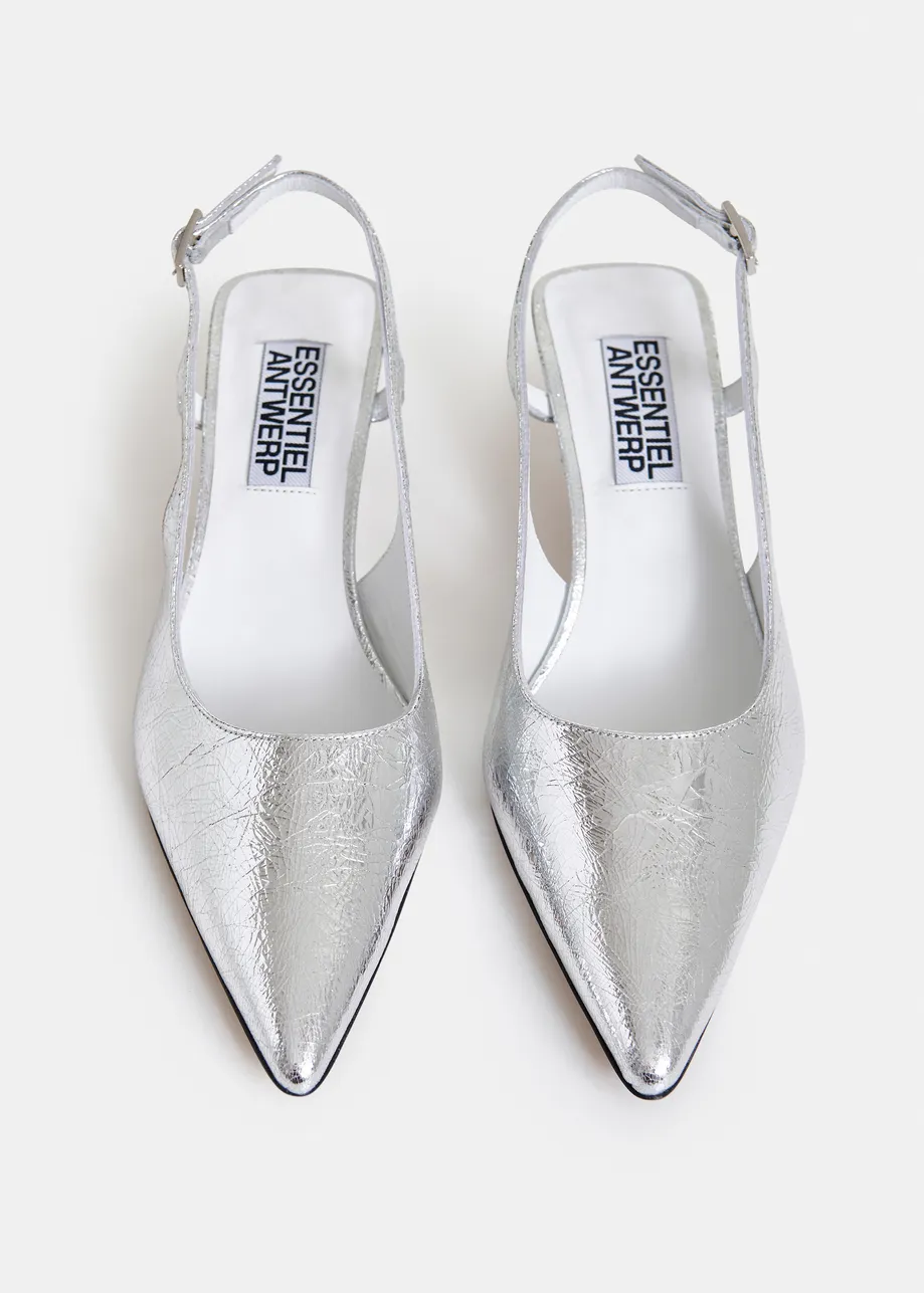 Silver leather metallic slingback pumps