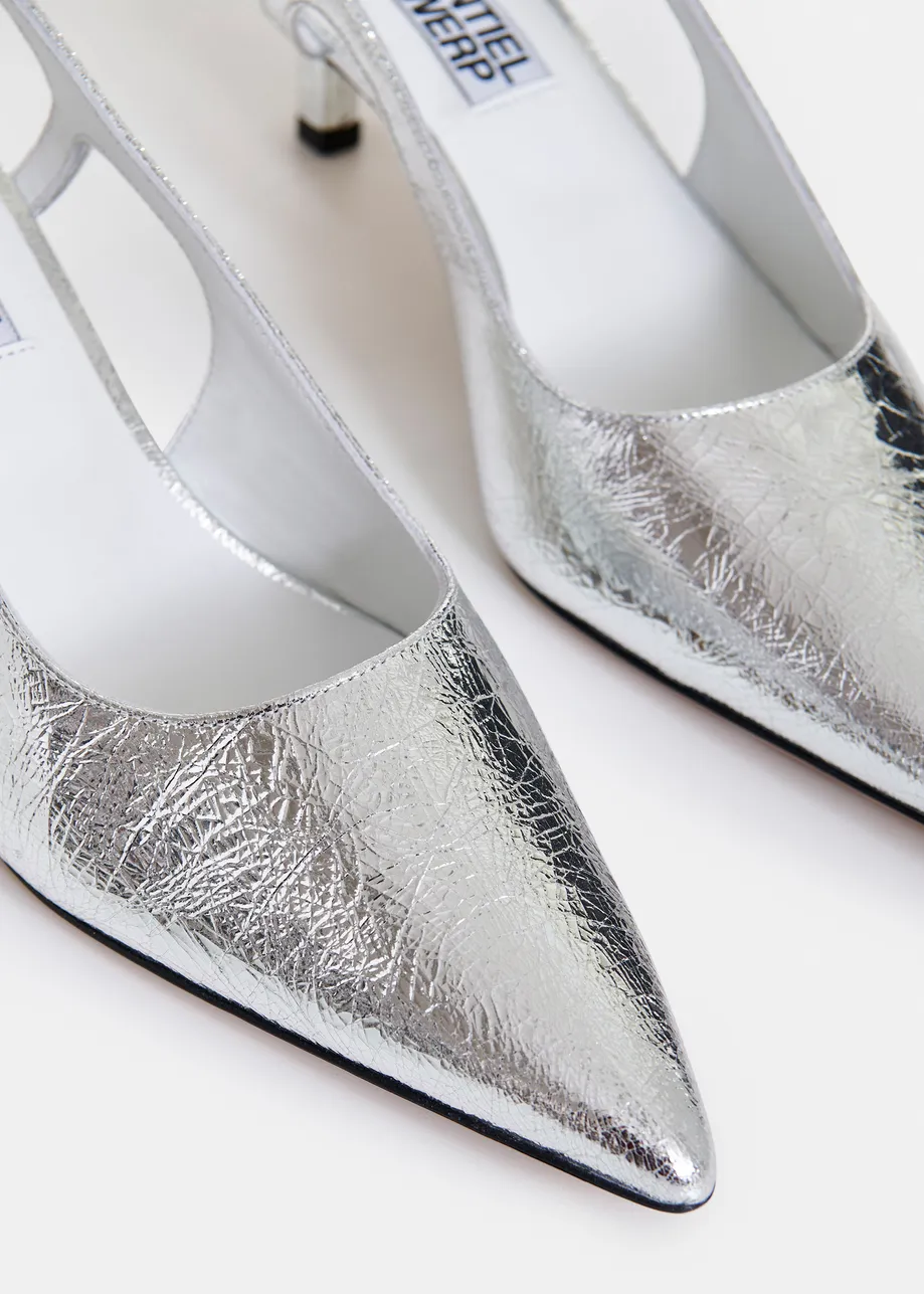 Silver leather metallic slingback pumps