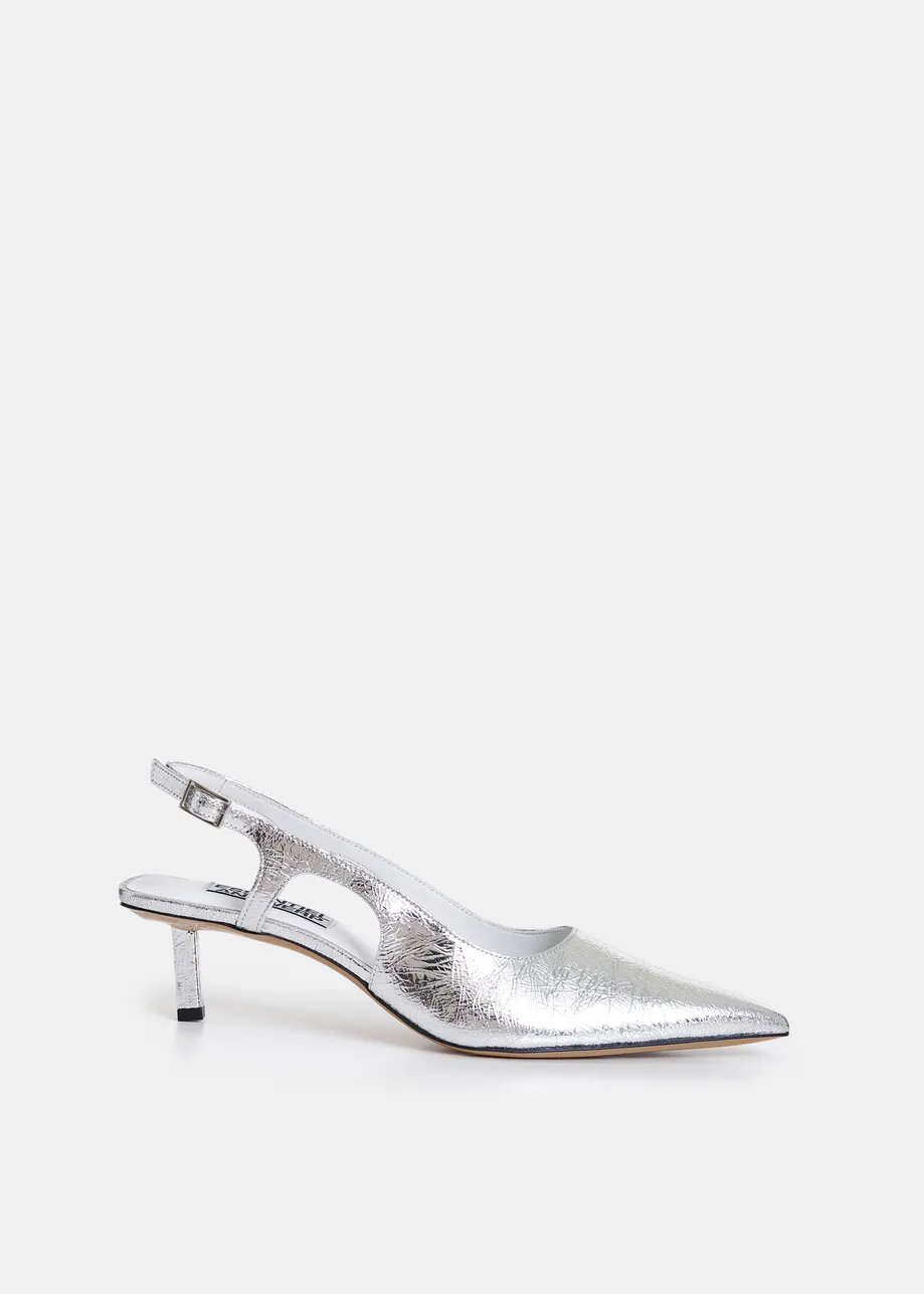 Silver leather metallic slingback pumps