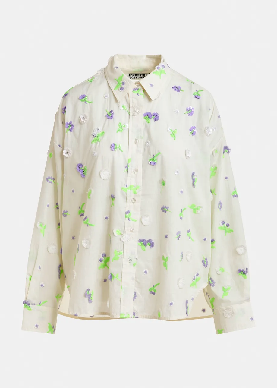 Off-white cotton shirt with purple and green flower sequin, rhinestone and bead embellishments