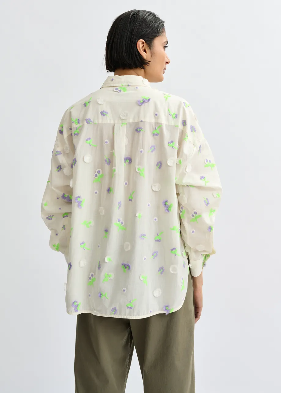 Off-white cotton shirt with purple and green flower sequin, rhinestone and bead embellishments