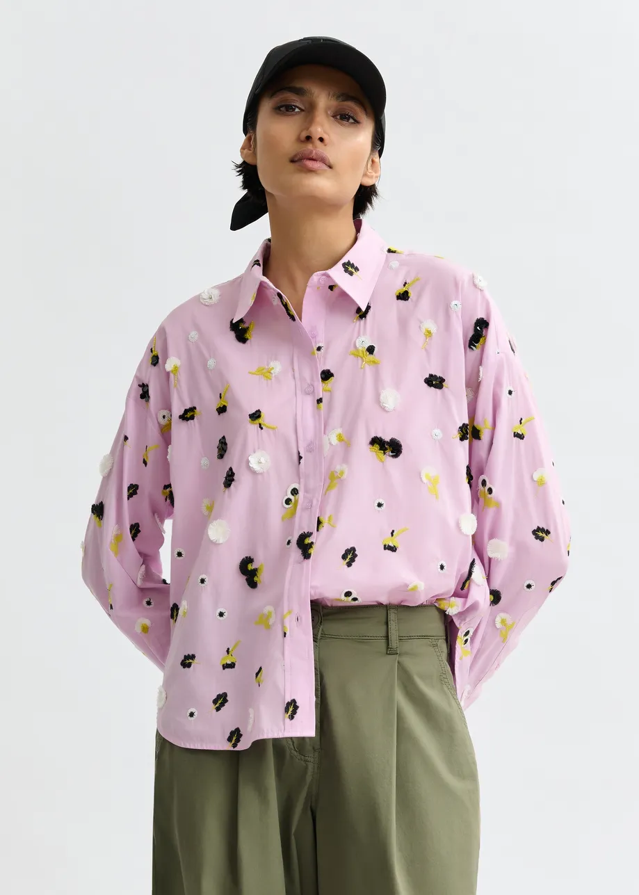 Light purple cotton shirt with black, white and yellow flower sequin, rhinestone and bead embellishments