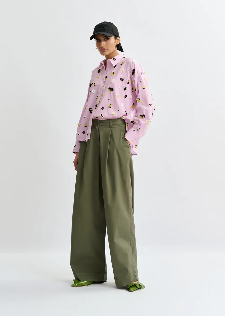 Light purple cotton shirt with black, white and yellow flower sequin, rhinestone and bead embellishments