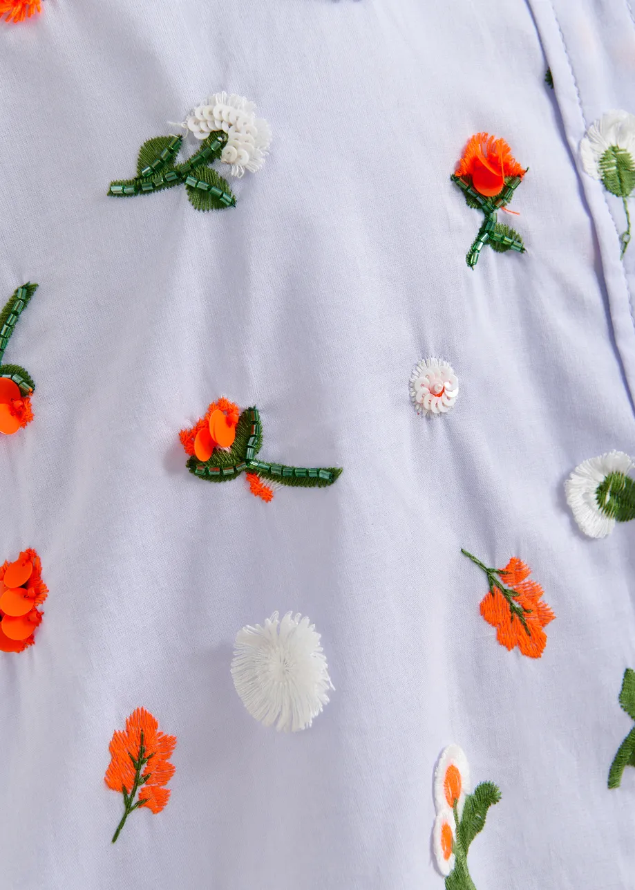 Light blue cotton shirt with green and orange flower sequin, rhinestone and bead embellishments