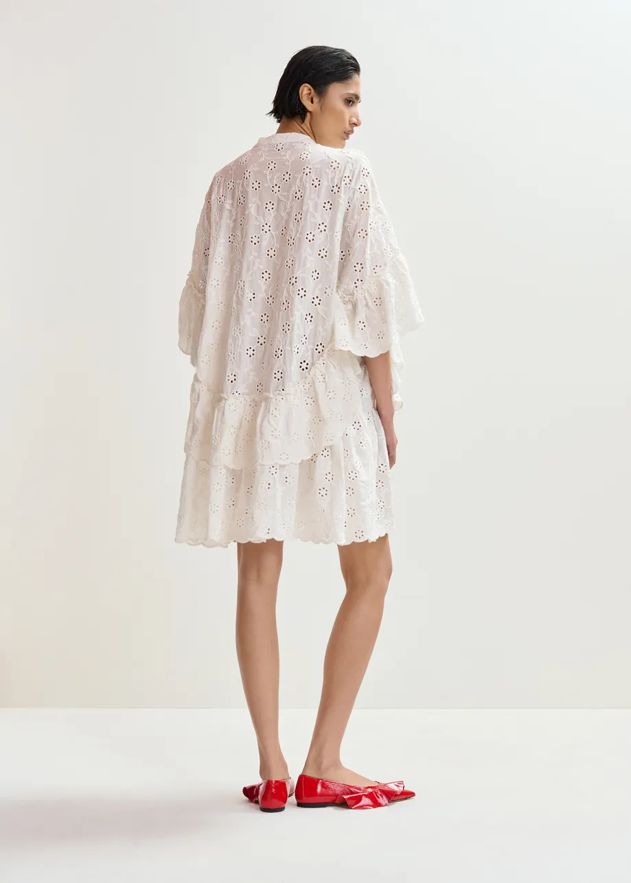 White broderie anglaise cotton mini dress with ruffled trims