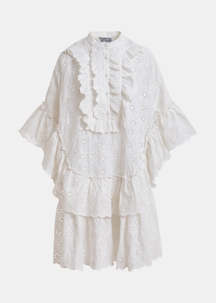 White broderie anglaise cotton mini dress with ruffled trims