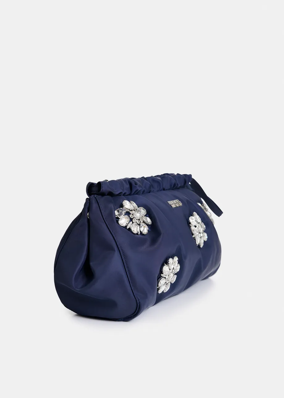 Navy satin pouch with flower rhinestone embellishments