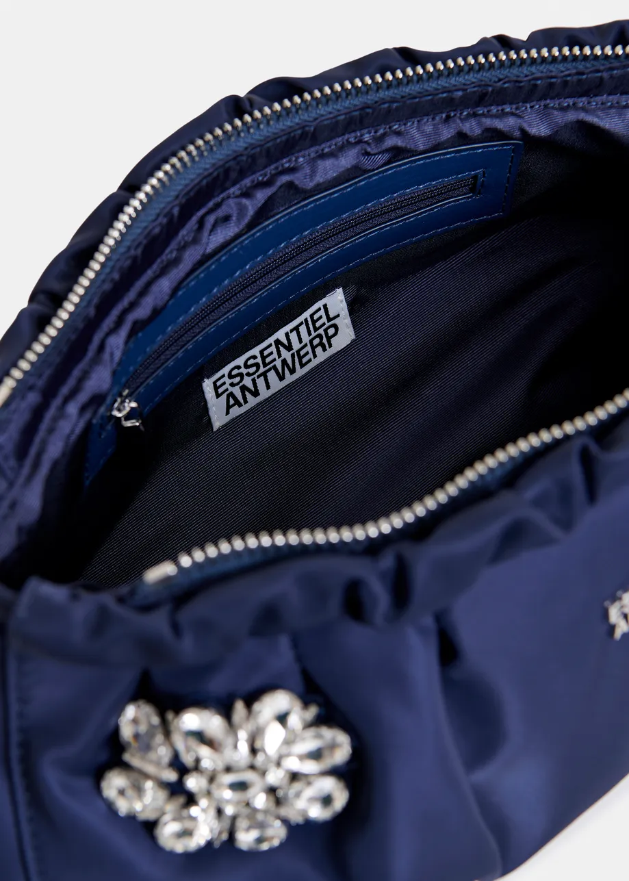 Navy satin pouch with flower rhinestone embellishments