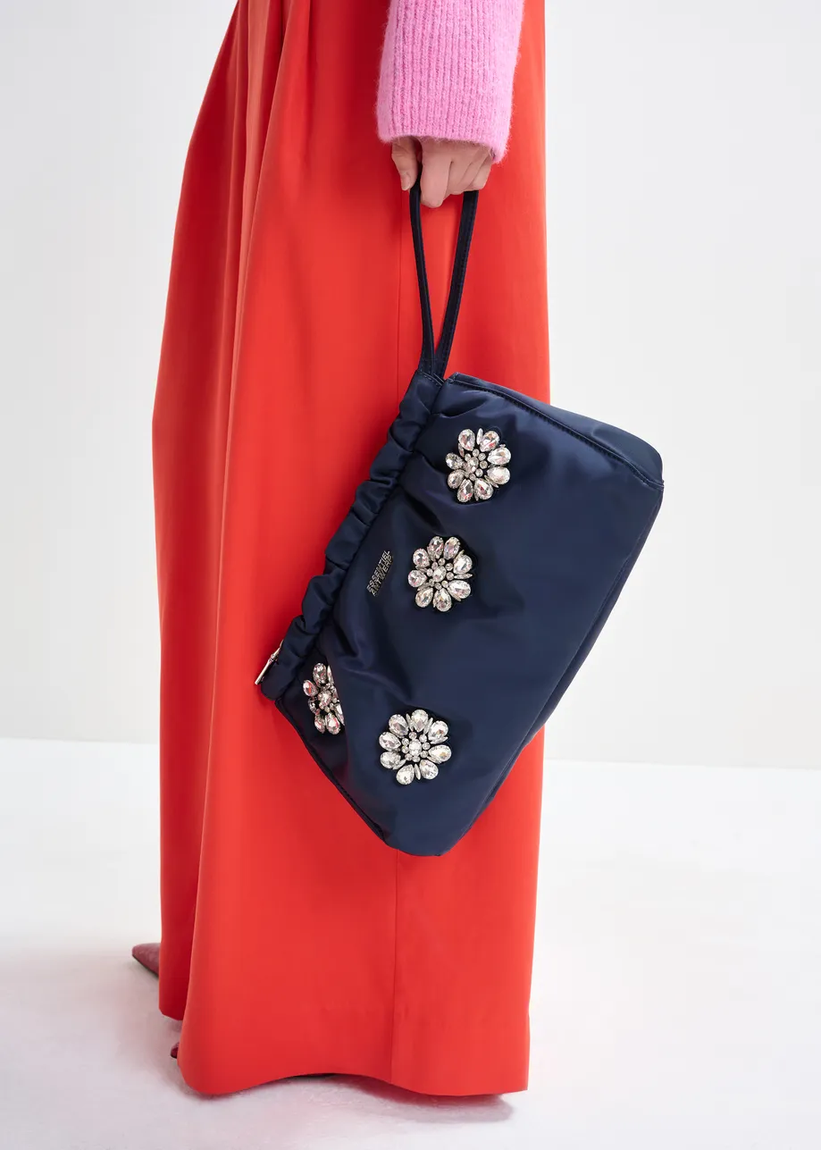 Navy satin pouch with flower rhinestone embellishments