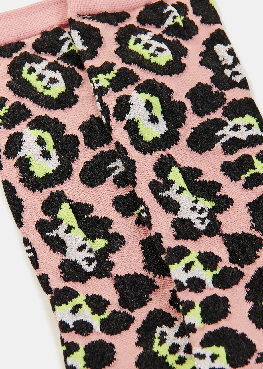 Vintage pink, black and yellow leopard jacquard-knit mid-length socks