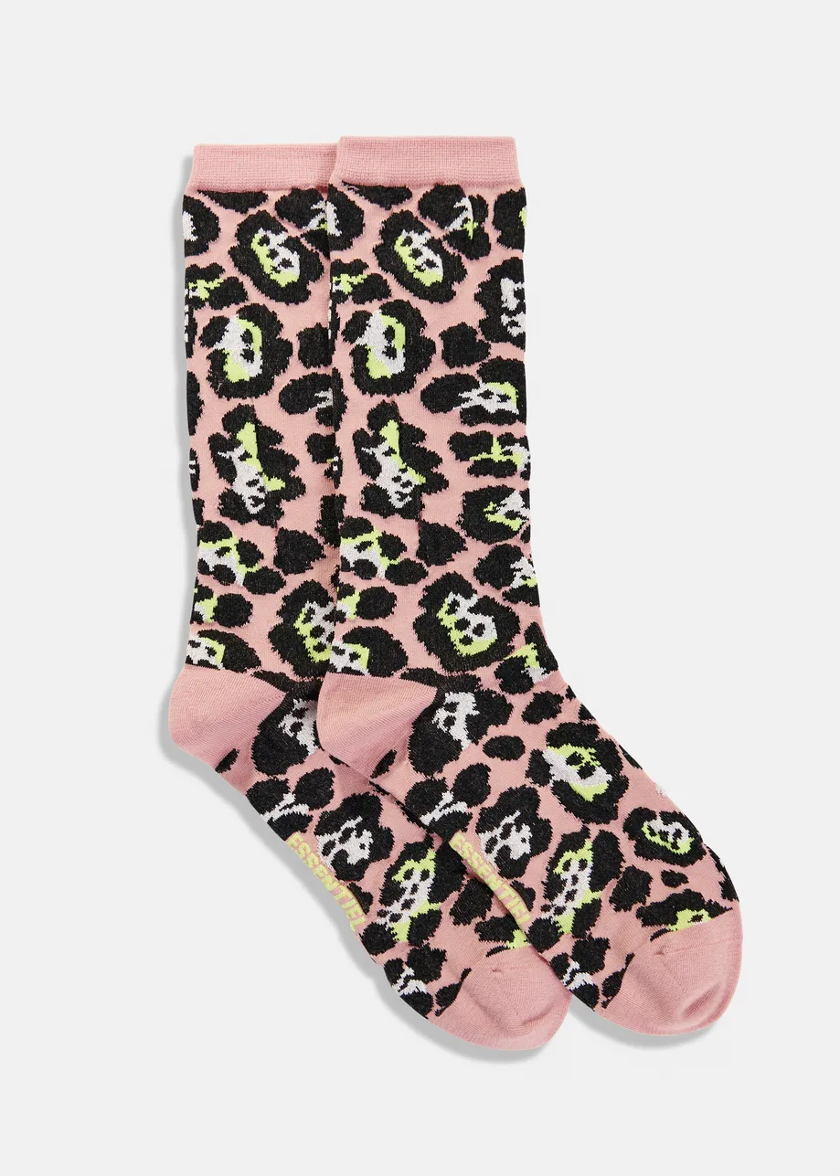 Vintage pink, black and yellow leopard jacquard-knit mid-length socks