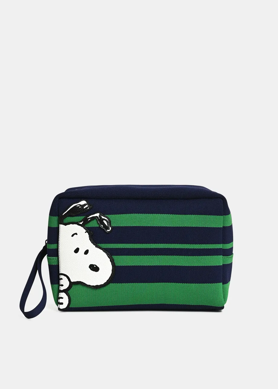 Navy and green striped pouch with Peanuts™ Snoopy motif and lilac text embroidery