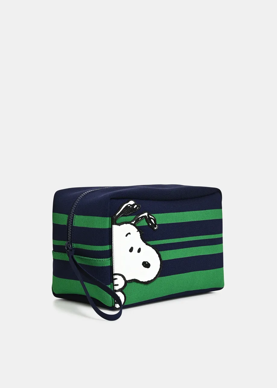 Pochette à rayures marine et verte avec motif Peanuts™ Snoopy et broderie de texte lilas.