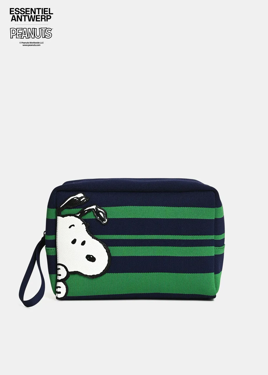 Navy and green striped pouch with Peanuts™ Snoopy motif and lilac text embroidery