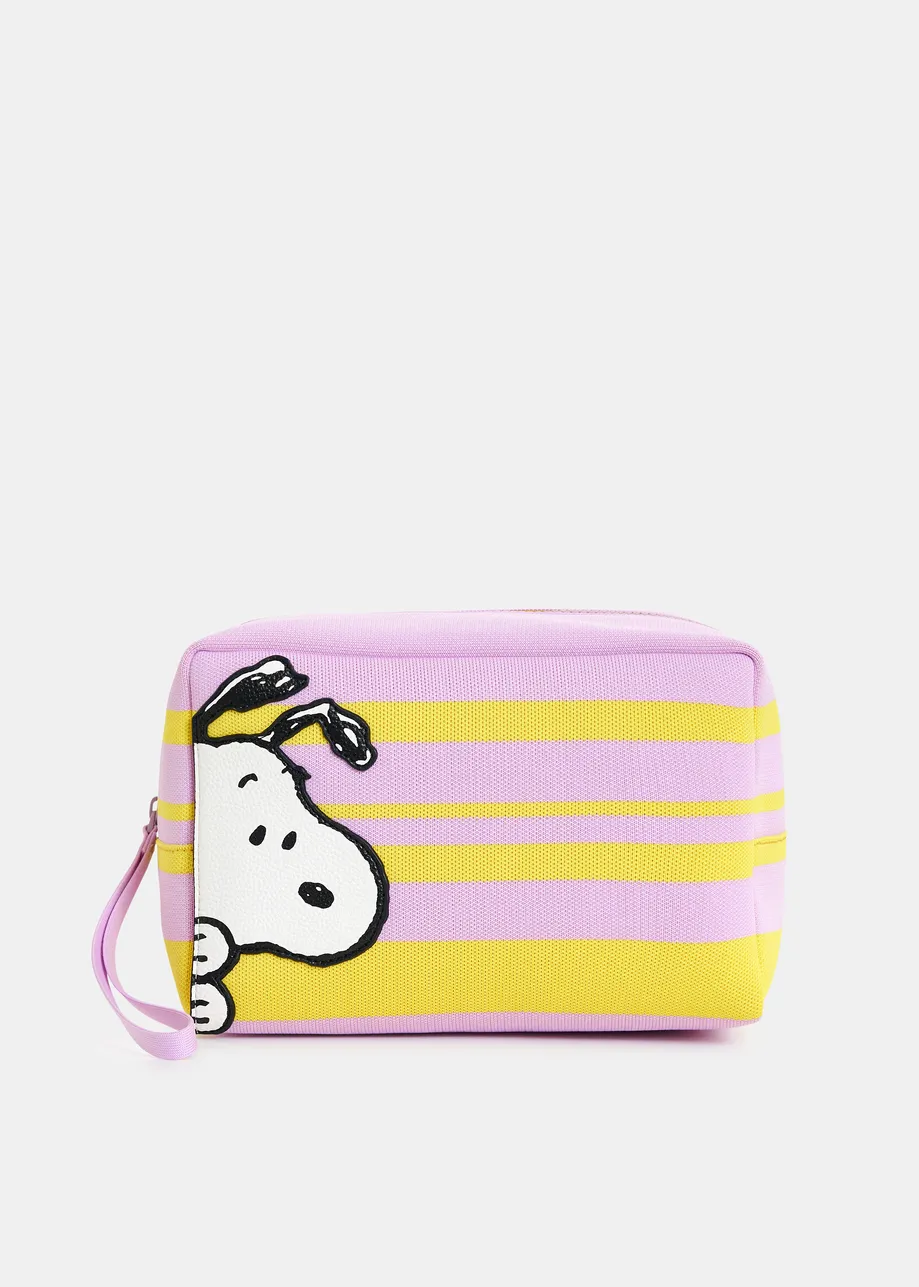 Lilac and yellow striped pouch with Peanuts™ Snoopy motif and black text embroidery