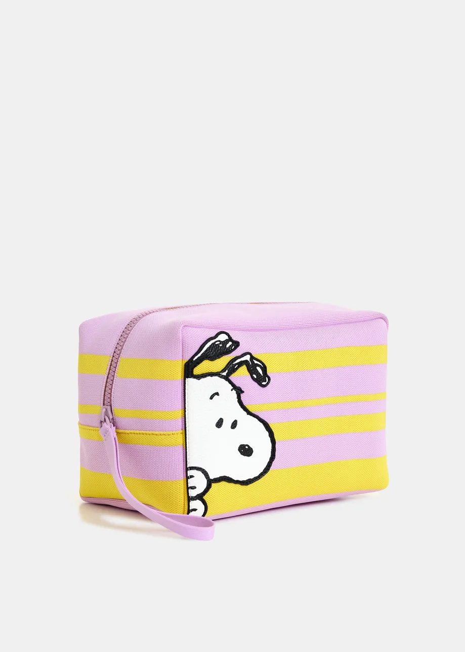 Lilac and yellow striped pouch with Peanuts™ Snoopy motif and black text embroidery