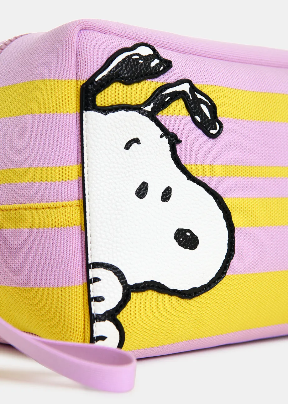 Lilac and yellow striped pouch with Peanuts™ Snoopy motif and black text embroidery