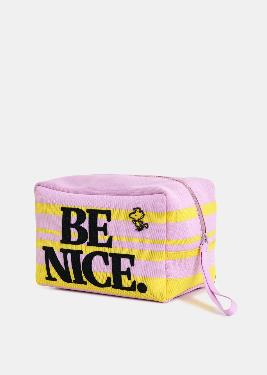 Lilac and yellow striped pouch with Peanuts™ Snoopy motif and black text embroidery
