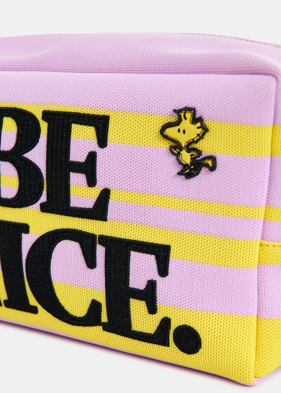 Lilac and yellow striped pouch with Peanuts™ Snoopy motif and black text embroidery