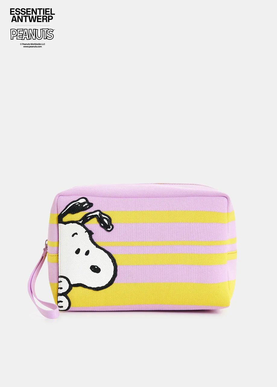 Lilac and yellow striped pouch with Peanuts™ Snoopy motif and black text embroidery