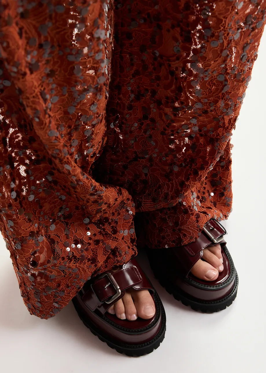 Bruine chunky leren plateausandalen met gespdetails