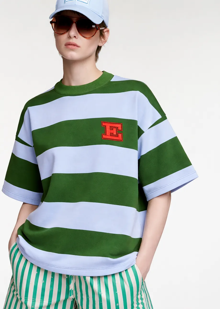 Navy, blue and green striped cotton-blend sweatshirt