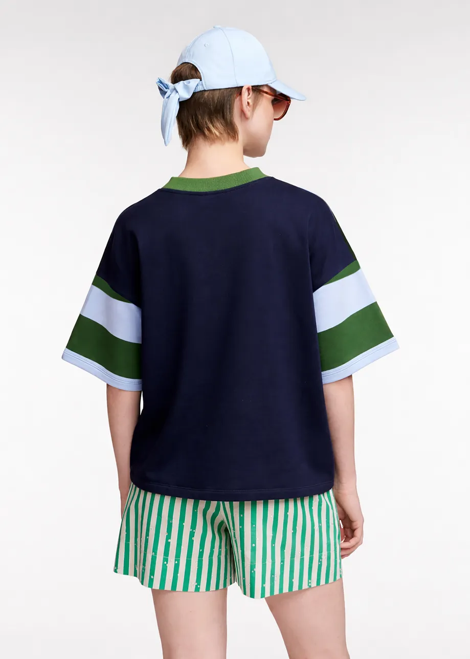 Navy, blue and green striped cotton-blend sweatshirt