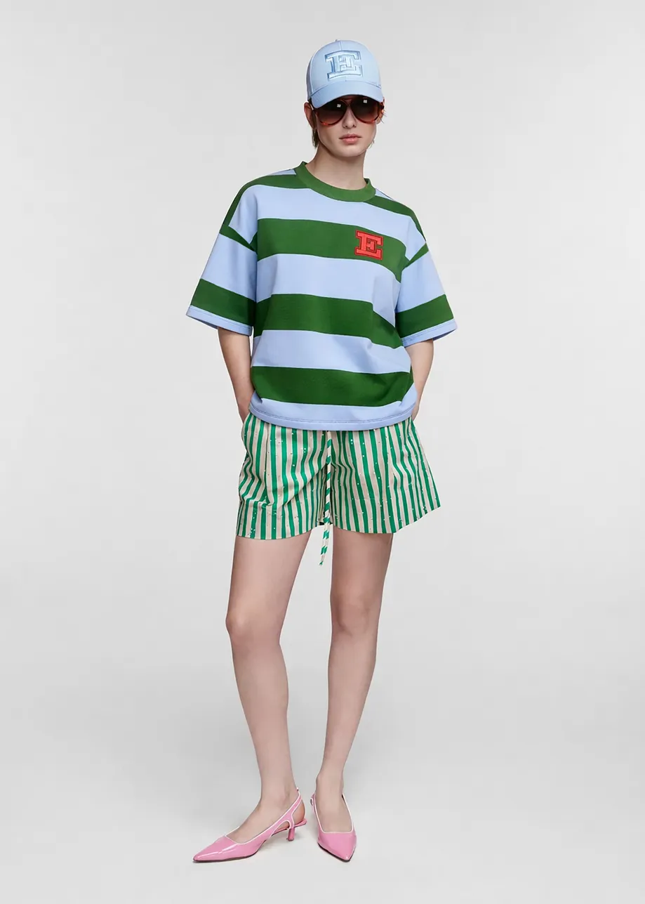 Navy, blue and green striped cotton-blend sweatshirt