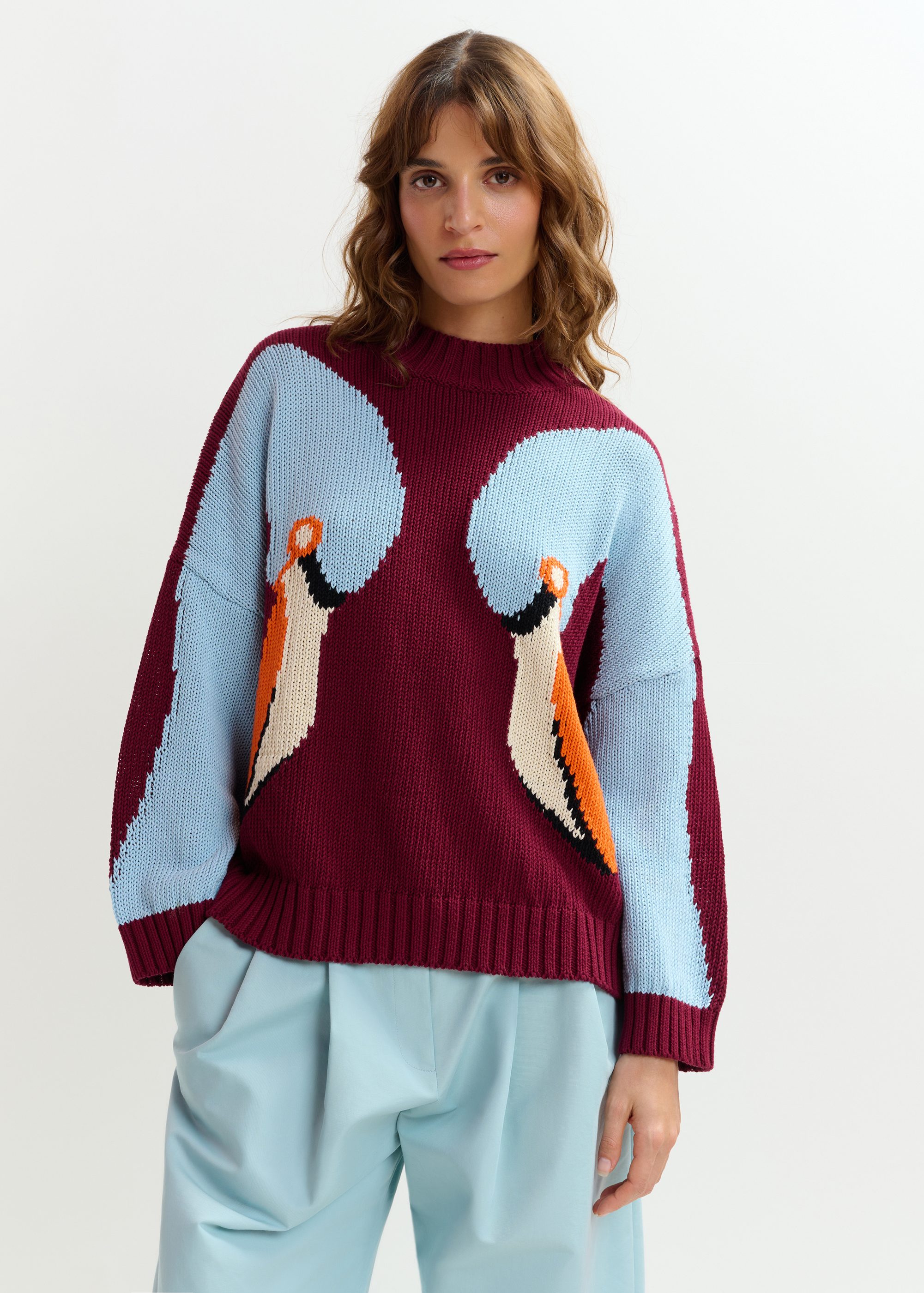 Burgundy , blue and orange jacquard cotton sweater | Essentiel