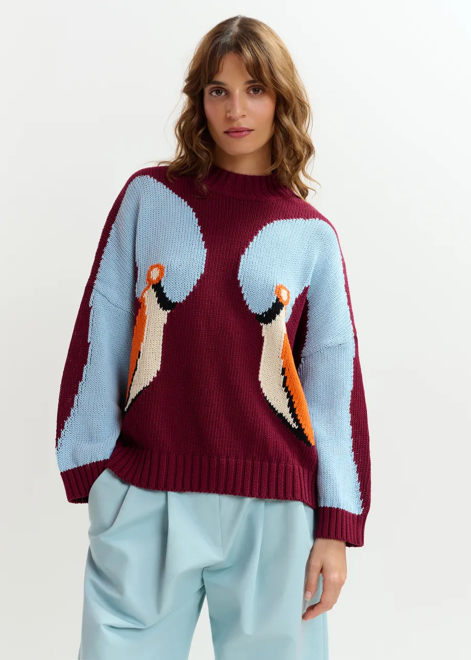 Jersey de algodón jacquard, burdeos, azul y naranja