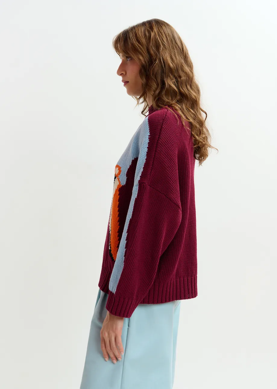 Jersey de algodón jacquard, burdeos, azul y naranja