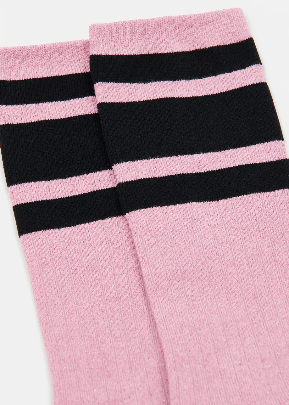 Pink and black rib-knitted socks with stripes