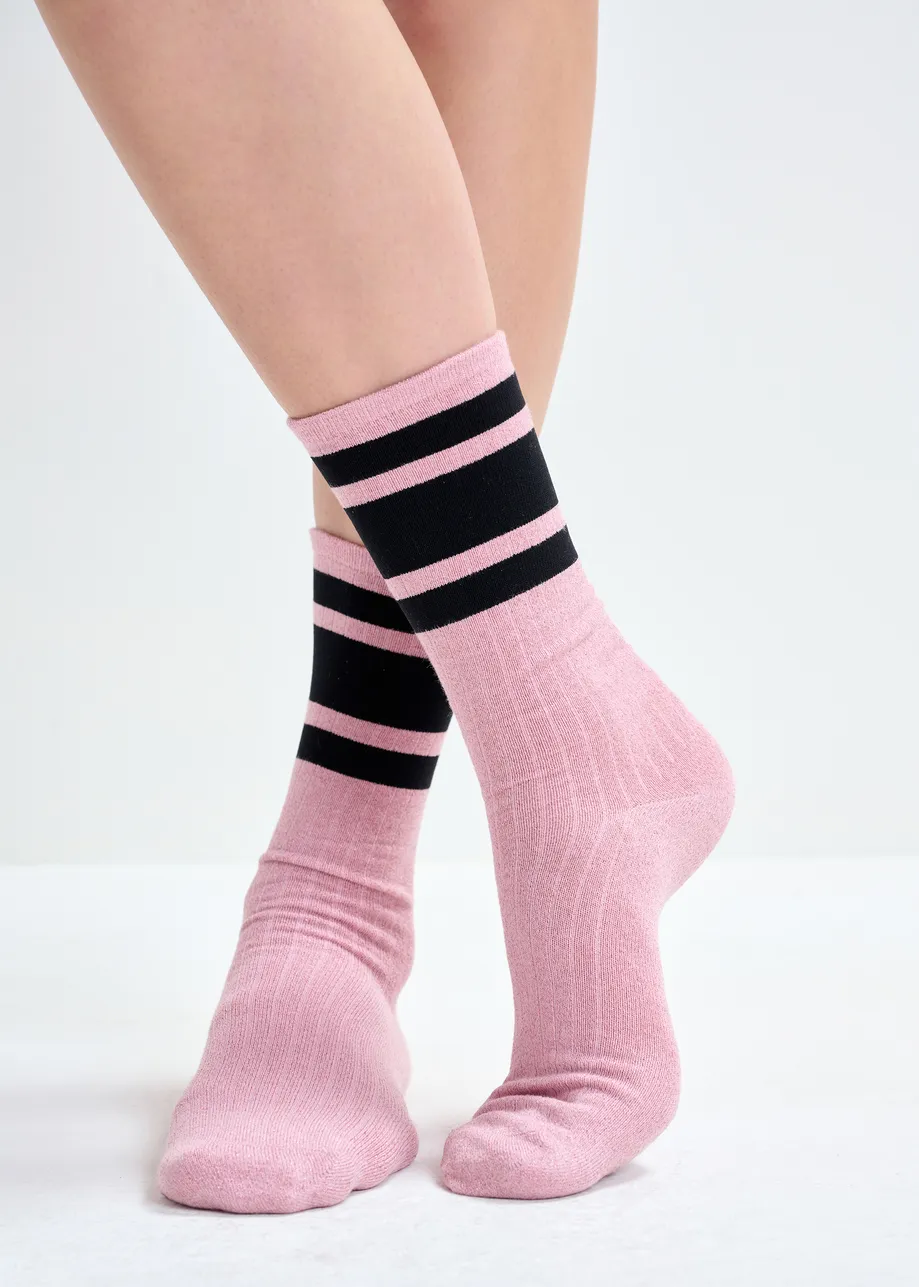 Pink and black rib-knitted socks with stripes