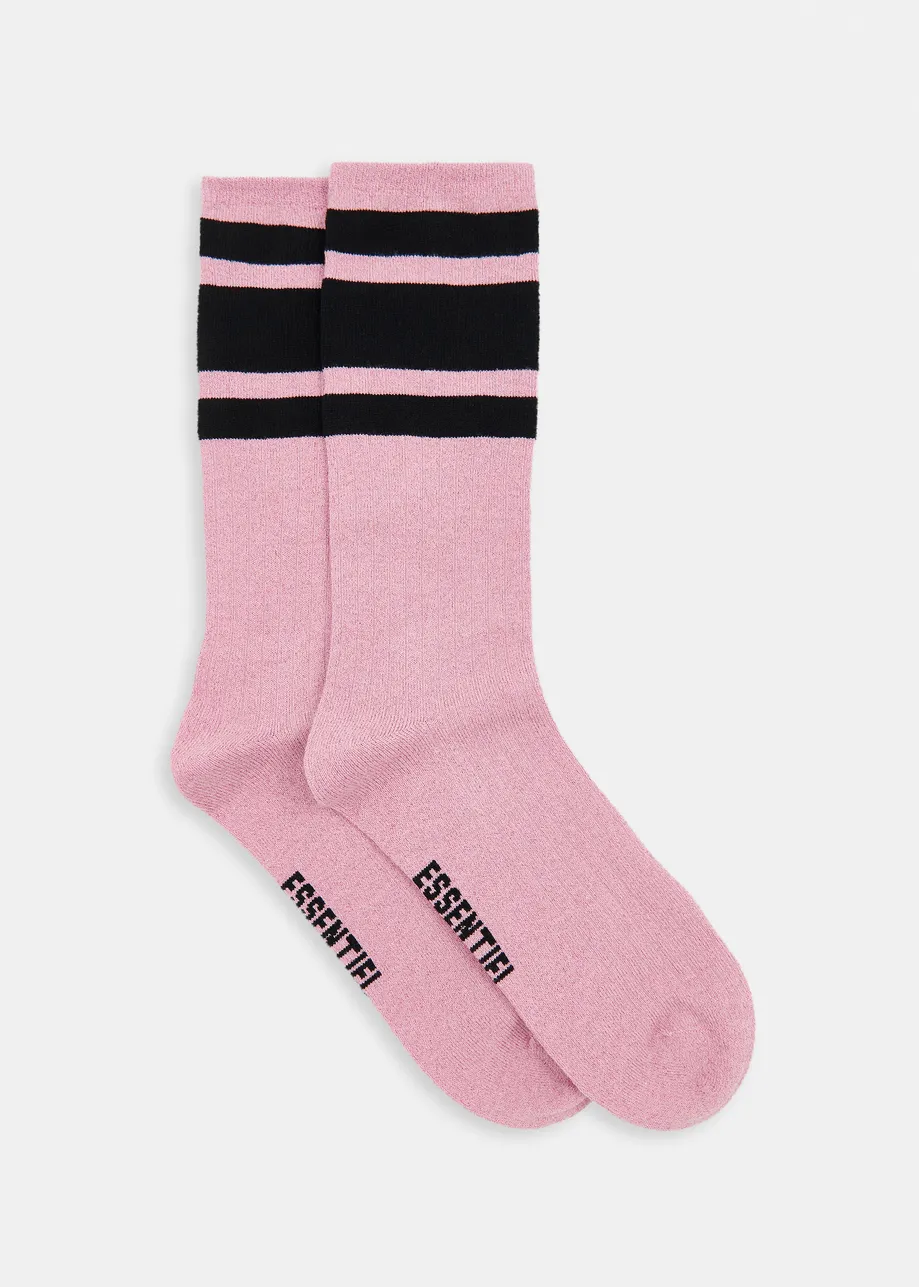 Pink and black rib-knitted socks with stripes