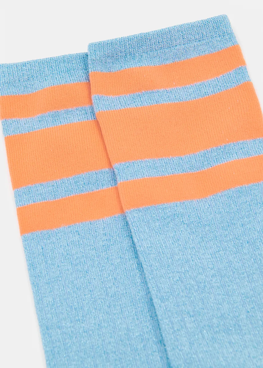 Blue and orange rib-knitted socks with stripes