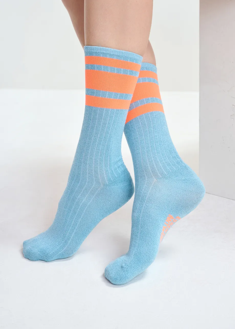 Blue and orange rib-knitted socks with stripes