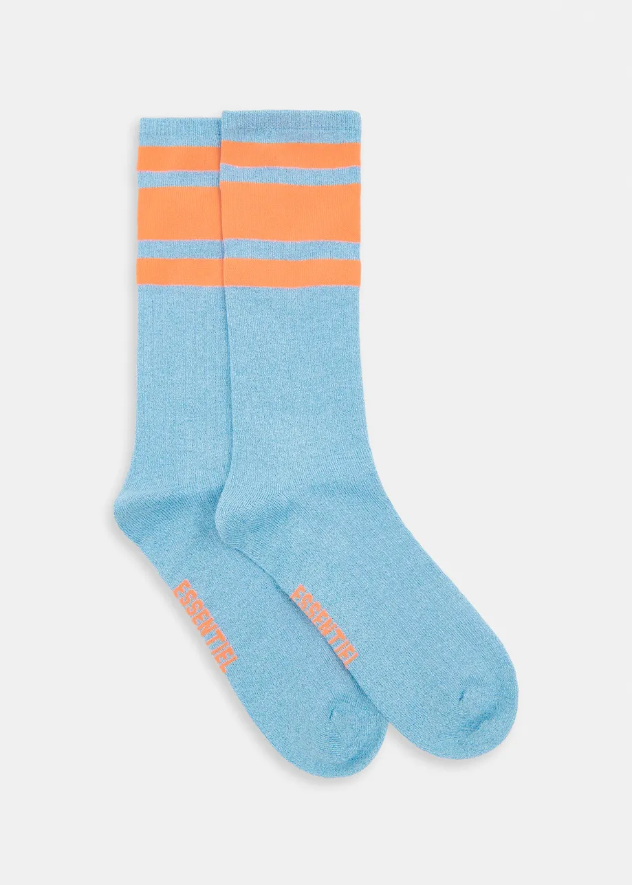 Blue and orange rib-knitted socks with stripes
