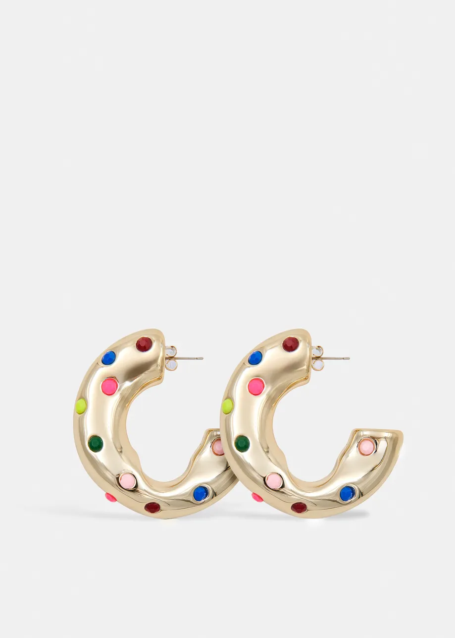 Gold-tone multicolor embellished hoop earrings