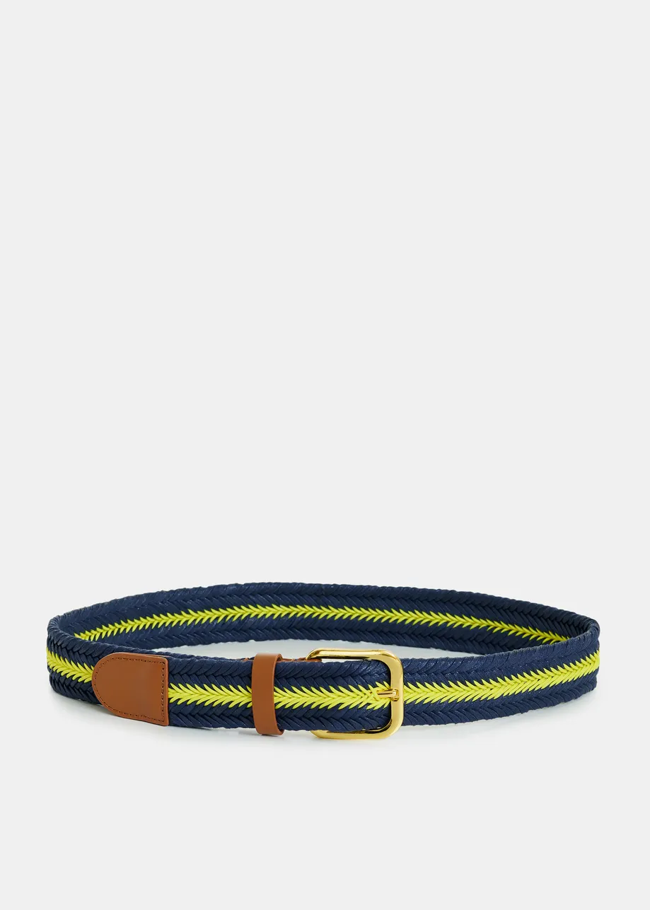 Navy and yellow striped belt with gold-tone buckle