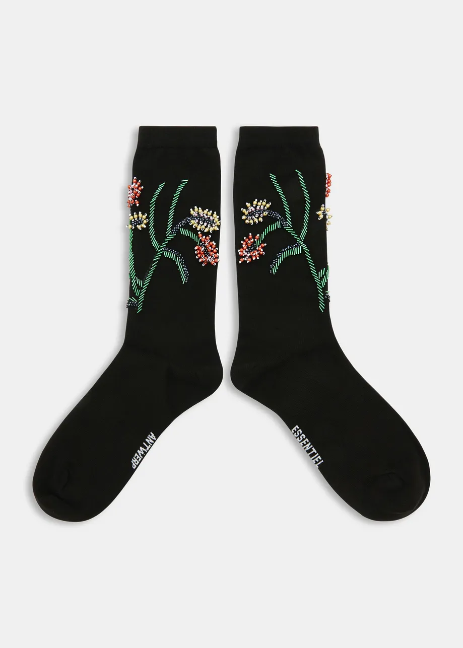 Black socks with multicolor bead flower embroideries