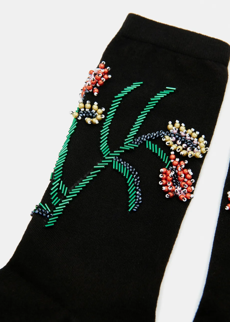 Black socks with multicolor bead flower embroideries