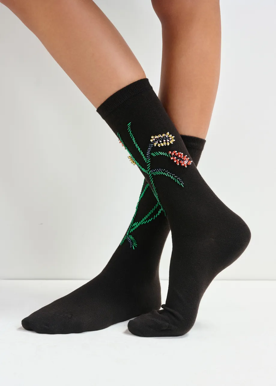 Black socks with multicolor bead flower embroideries