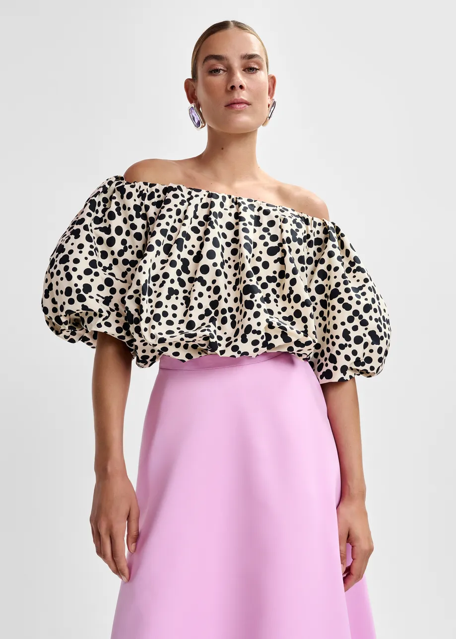 Off-white and black gathered bodysuit with puffed sleeves