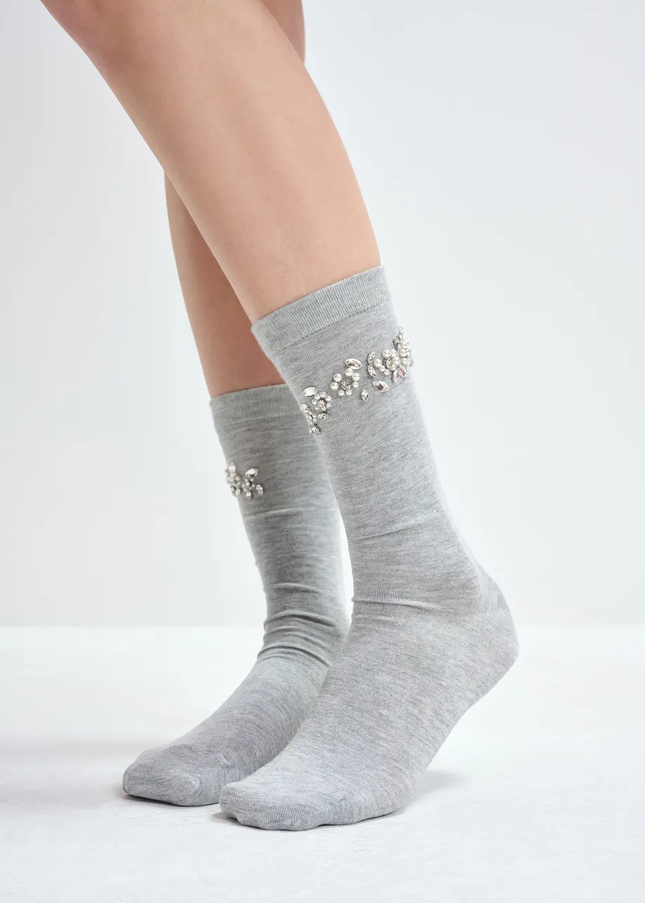 Grey socks with sequin and bead embellishments