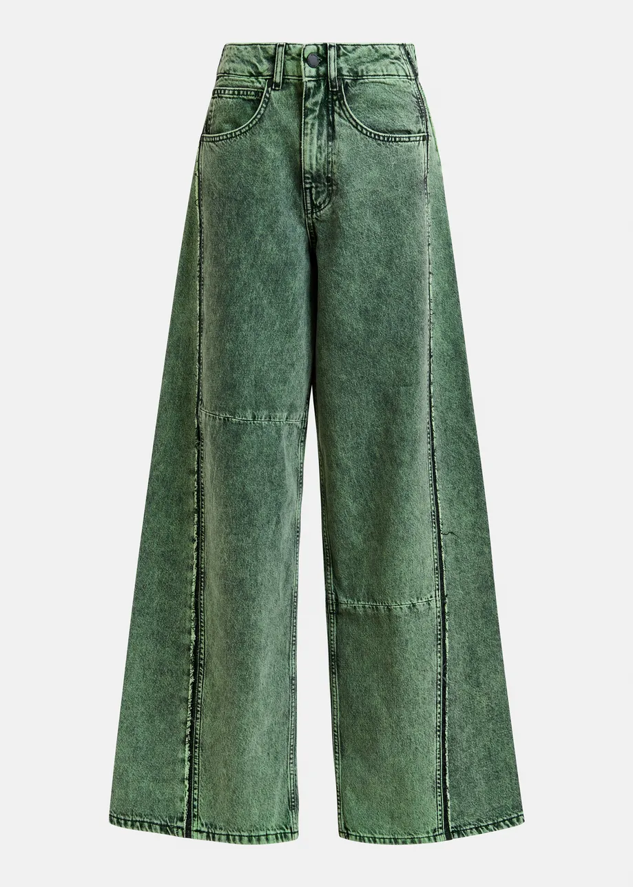 Groene overdyed wijde jeans met contraststukken